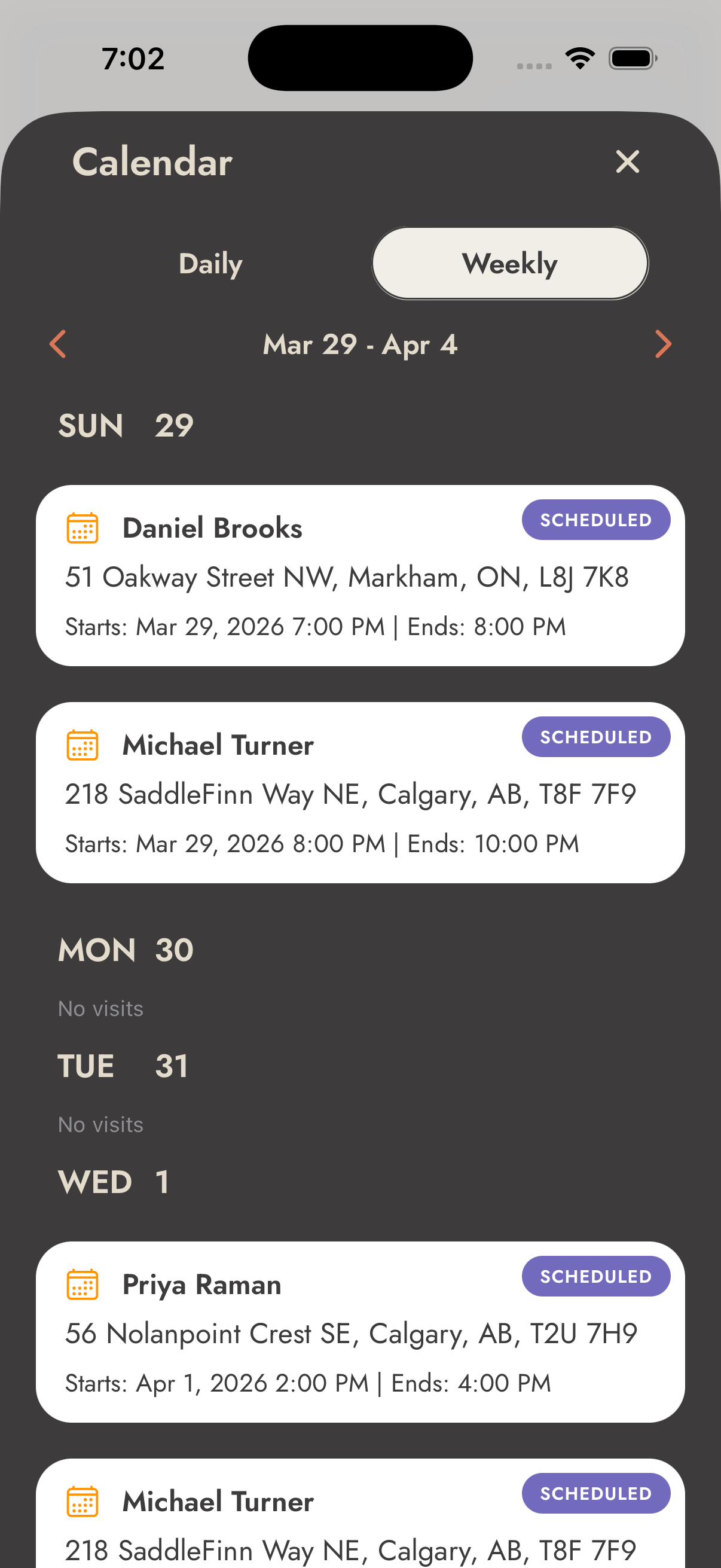 Daily & weekly calendar